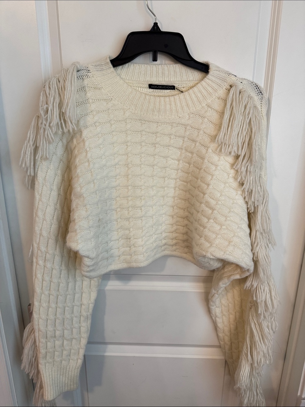 Hot & Delicious Ivory Fringe Cable-Knit Cropped Crew Sweater